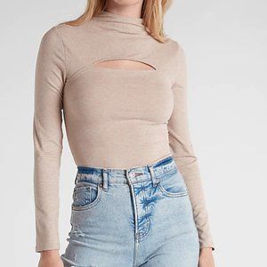 Express Small Body Contour Cozy Mock Neck Cutout Bodysuit Tan NWT